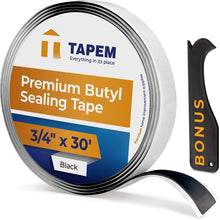 Load image into Gallery viewer, TAPEM Butyl Tape - 1/8&quot; x 3/4&quot; x 30 ft - Black Butyl Sealant Tape - Butyl Rubber Caulk Tape - Perfect Butyl Tape RV Window Sealant Tape, Roof Caulk Tape - Butyl Rubber Roll - EPDM Rubber Roof Patching
